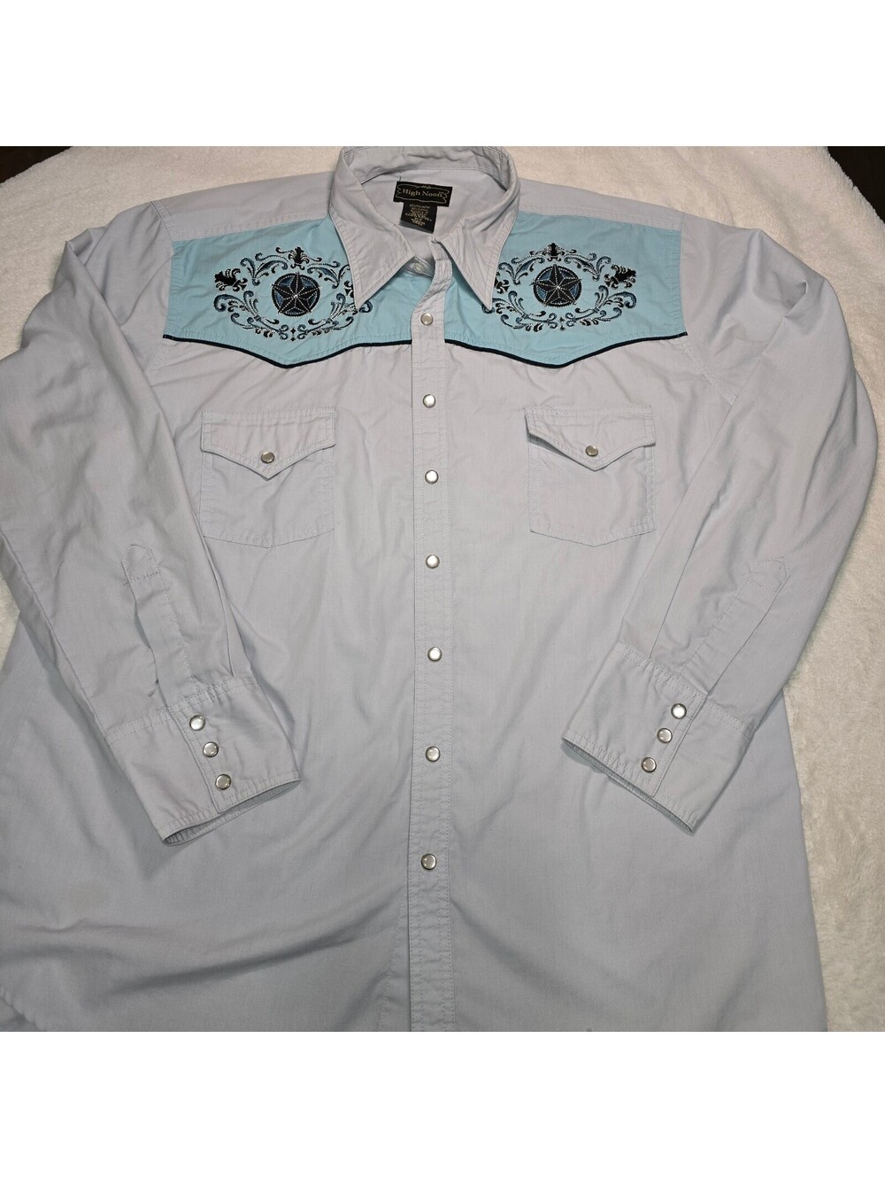 High Noon Mens XL Western Pearl Snap Shirt Embroidered Star Blue Yoke Gray XLG